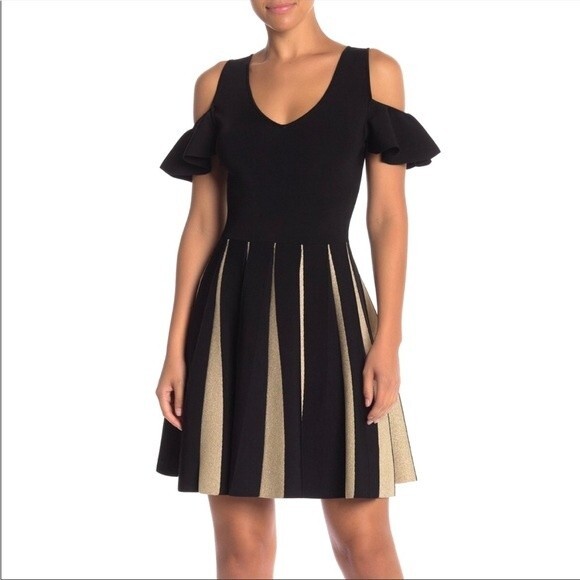 Ted Baker Wytney Cold-shoulder Skater Dress in Black and Gold 2 NWOT - Picture 1 of 13